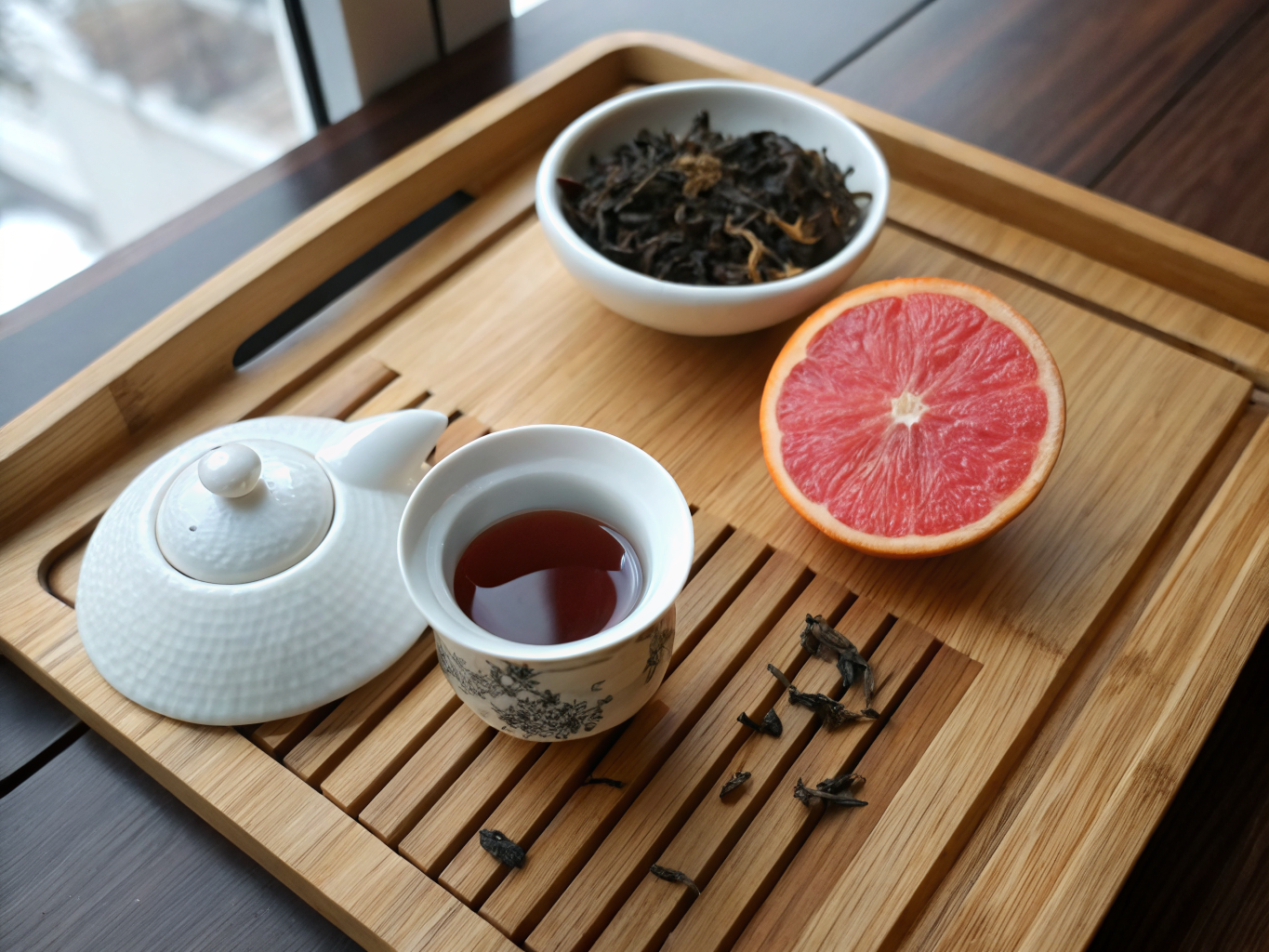 A top-down shot captures a traditional Eastern tea setup on a wooden serving tray. On the left, a small white ceramic gaiwan contains dark tea leaves, while its lid rests beside it. Next to the gaiwan, a bowl filled with dark tea sits, its surface showing a slight reflective sheen. To the right, a half grapefruit is sliced into segments, revealing its juicy, vibrant pink interior against the pale rind. The wooden tray features evenly spaced slats, with visible tea stains adding a subtle texture to the scene. The lighting is soft, natural, and diffused, coming from a nearby window, casting mellow shadows and creating a cozy atmosphere. The image presents earthy browns and warm pinks set against the neutral wood tones. The clear-focus capture suggests a digital photograph with minimal depth, evoking a serene and contemplative mood. HEX VALUES: ["#6b615d", "#d49559", "#e4a96a", "#41210e", "#877c70", "#e7e6e0", "#4d3c2c", "#1a120b", "#ba7a4f", "#733b1c", "#f0c093", "#89603b", "#c6c1b7", "#a89e91", "#b1423d"]